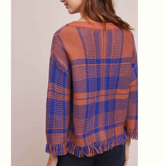 Anthropologie Moon River Fringed Plaid Pullover Sweater Size Small - Picture 2 of 7